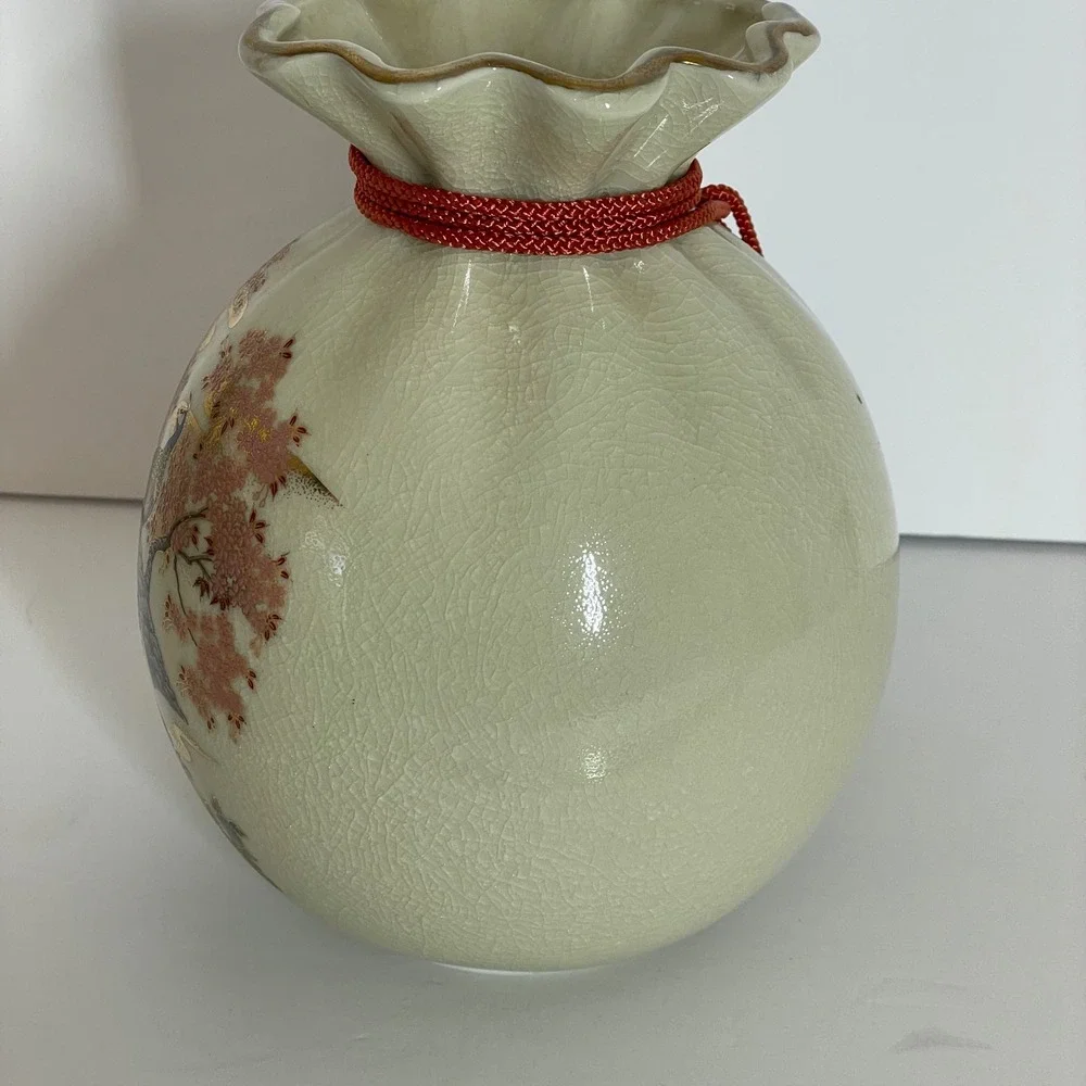 Japanese Satsuma Peacock Crackle Glaze Money Bag‎ Vase Red Tassel Gold Moriage